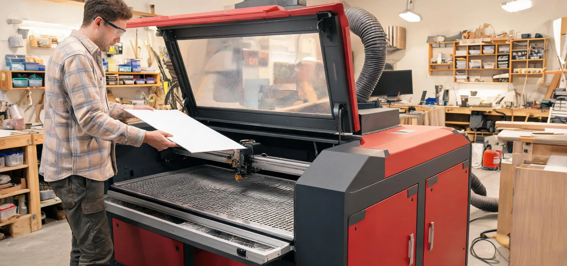 Operator preparing a CO2 laser cutter in a bright fabrication workshop