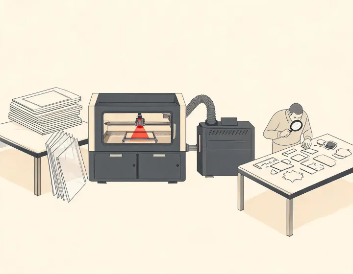 Illustrated laser workflow from material intake to inspected part