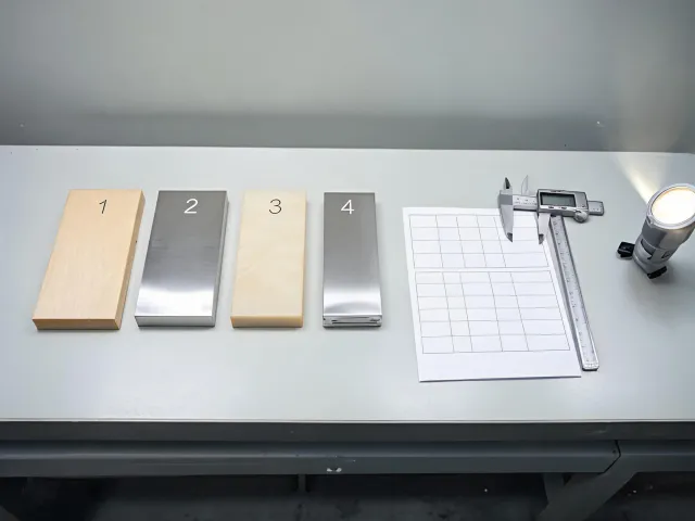 Numbered laser test coupons with a settings worksheet