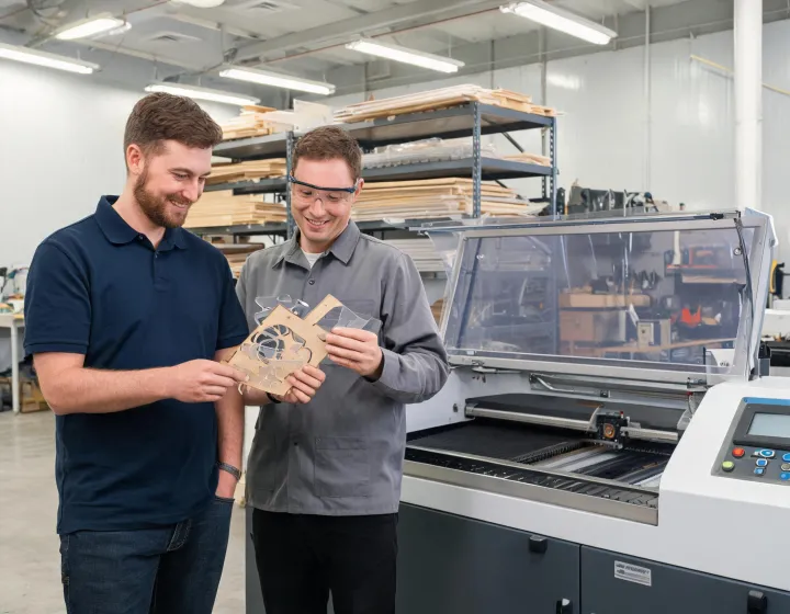 Applications advisor reviewing a laser-cut sample with an operator